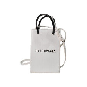 BALENCIAGA Shopping Bag Phone Holder White Black Leather Shoulder Bag